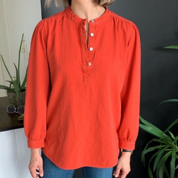 Gap Shirred Denim Deep Orange/Red Popover Shirt, Large Tall - Picture 2 of 7